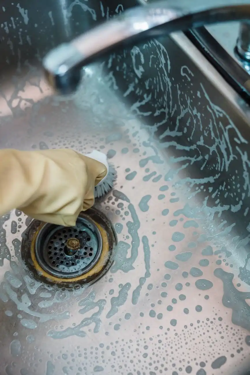 Mão com luva amarela esfrega uma pia de inox com escova e sabão