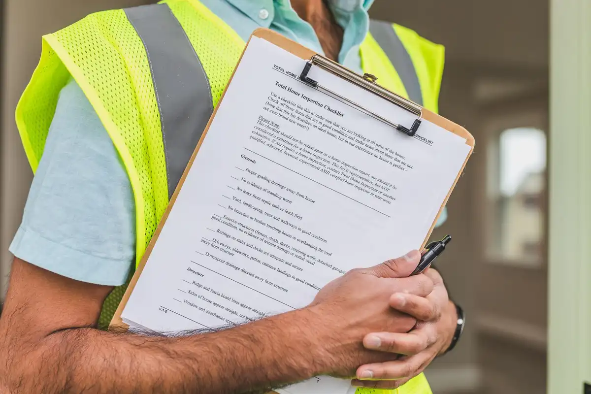 Inspetor com colete de segurança segura prancheta e checklist