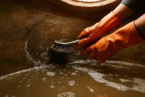 Mãos enluvadas limpando o interior da caixa d'água com escova, destacando a importância da limpeza da caixa d'água