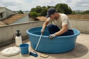Pessoa realizando a limpeza da caixa d'água no topo de uma residência, cenário externo e equipamentos de higiene