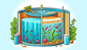 Ilustração de uma caixa d'água cortada ao meio evidenciando sedimentos, biofilme, água limpa, e elementos simbólicos ligados à limpeza da caixa d'água.