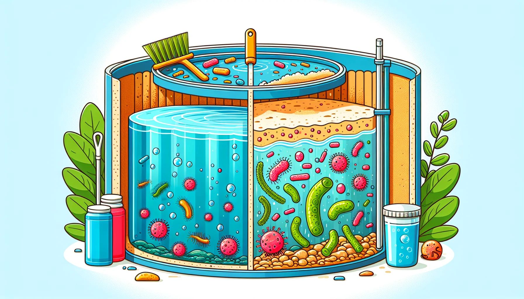 Ilustração de uma caixa d'água cortada ao meio evidenciando sedimentos, biofilme, água limpa, e elementos simbólicos ligados à limpeza da caixa d'água.